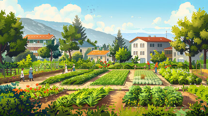 Scenic Countryside Landscape with Rolling Hills and Farmhouses