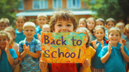 Happy schoolboy with a board written back to school , caucasian boy returning to school