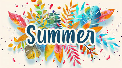 Summer season illustration background with word Summer written on colorful leaves with summer vibes