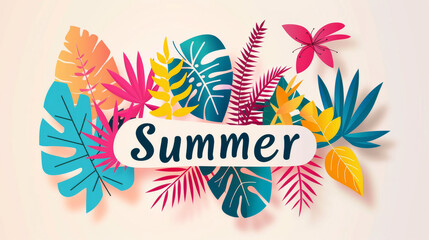 Summer season illustration background with word Summer written on colorful leaves with summer vibes