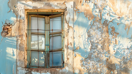 Wooden window of old, abandoned house with peeling paint on walls.