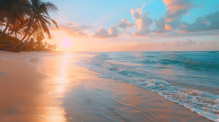 Breathtaking Tropical Beach Sunset with Palm Trees Golden Sands and Vibrant Skies