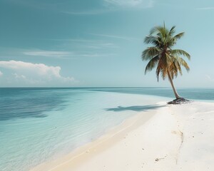 Fototapeta premium Secluded Tropical Beach with Solitary Palm Tree and Tranquil Azure Waters