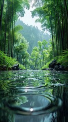 Obraz premium Chishui Bamboo Sea in China, Bamboo forest, stream water, The background is the Danxia landform, Realistic picture quality, Movie shots, 8K, HD 9:16