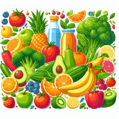 Engaging illustration featuring a colorful assortment of fresh produce, including fruits, vegetables, and beverages. Ideal for health, diet, and nutrition-themed projects.. AI Generation