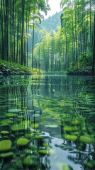 Chishui Bamboo Sea in China, Bamboo forest, stream water, The background is the Danxia landform, Realistic picture quality, Movie shots, 8K, HD 9:16