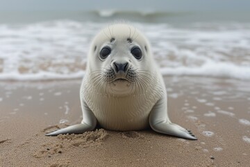 Obraz premium A baby seal resting on a sandy beach, with the ocean waves gently lapping in the background. The seal has big, round eyes and a curious expression