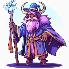Friendly Bison Cartoon Wizard With Staff. Cartoon Bison old wizard holding stick