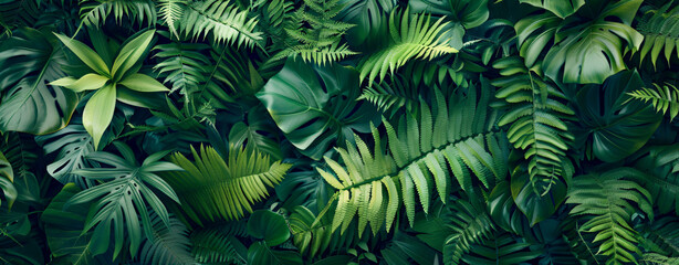 Abstract nature concept, green tropical leaves and ferns texture background. Flat lay, top view of lush foliage pattern for banner or wallpaper. In the style of nature.


