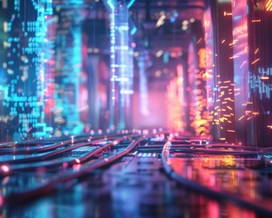 Obraz premium An artistic representation of optical fiber cables connecting, symbolizing digital connectivity and communication networks