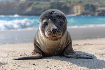 Obraz premium A baby seal resting on a sandy beach, with the ocean waves gently lapping in the background. The seal has big, round eyes and a curious expression