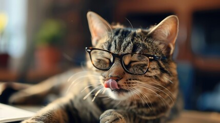 Adorable cat with glasses laying on table licking lips