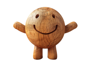Happy 3D Minimalist Figure Made of Wood on a White Background