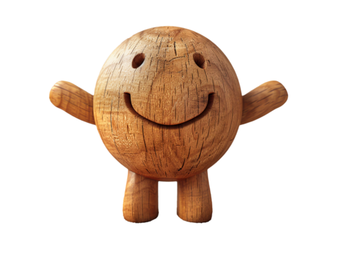 Happy 3D Minimalist Figure Made of Wood on a White Background
