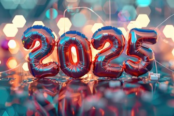 Festive 2025 Balloon Celebration with Colorful Bokeh Background