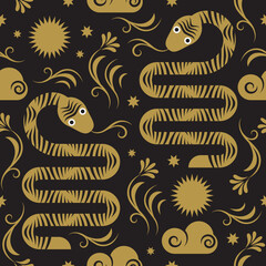 Seamless pattern on the theme chinese new year of the snake, geometric style, black background