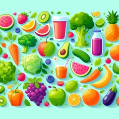 Lively illustration featuring an assortment of healthy foods including fruits, vegetables, and beverages arranged in a playful pattern. Ideal for health, diet, and nutrition concepts.. AI Generation