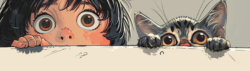 Curious Child and Cat Peeking Over a Ledge with Wide Eyes