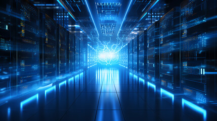 Glowing data center with server racks arranged in rows
