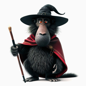 Cute Baboon wizard cartoon wearing magic robe and magic hat. Chibi Monkey magician