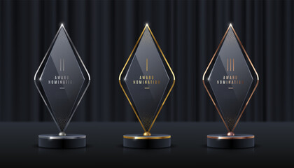 Set of glass award trophy. Transparent prize template. Winner first place concept. Vector illustration.