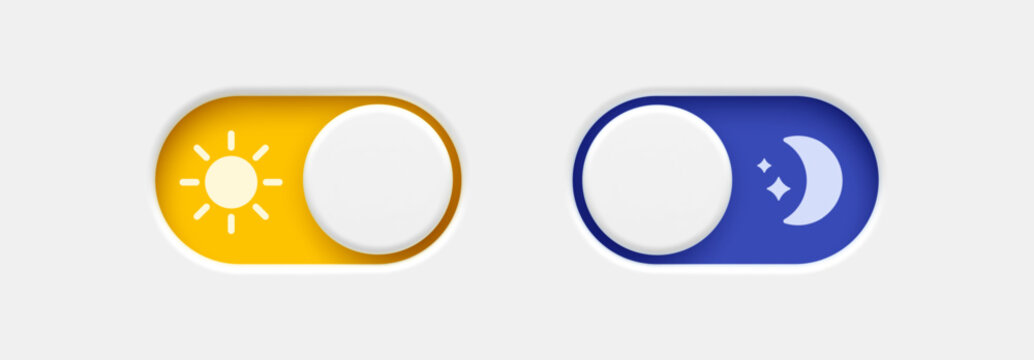 On and Off toggle switch buttons. Day and night mode switch button. Dark mode, light mode. Material design switch buttons set. Vector illustration.