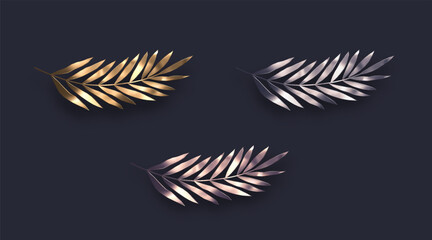 Set of metallic branches. Golden, siver and bronze branch on dark background. Vector illustration. © sergo77