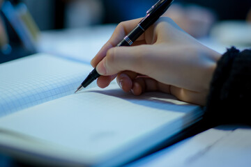 Hand writing notes on a notebook at a desk, working on financial paperwork and business reports