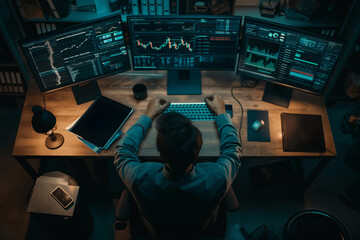 A professional businessman analyzes financial data and monitors stock trading on a computer screen in his home office