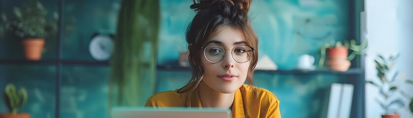 Fototapeta premium Confident Businesswoman Hosting Engaging Online Webinar in Modern Office Setting
