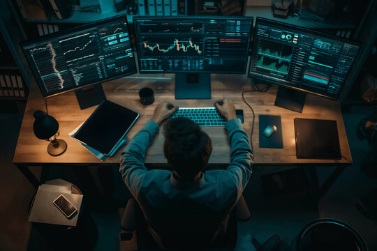 A professional businessman analyzes financial data and monitors stock trading on a computer screen in his home office
