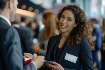 Professional businesswomen networking and conversing at a corporate event in a hotel lobby setting
