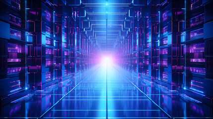 Obraz premium Glowing data center with server racks arranged in rows