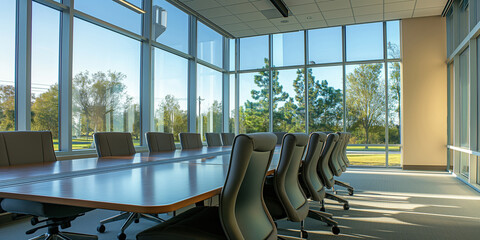 An empty, modern boardroom with sleek furniture and large windows, ideal for business meetings and presentations
