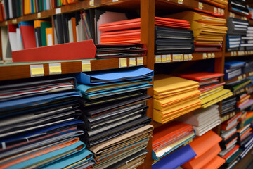 Obraz premium A neatly organized storage room filled with file folders and documents arranged for easy accessibility