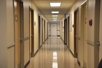 An empty hospital corridor with modern architecture and bright lighting, reflecting cleanliness and healthcare professionalism
