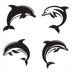 Naklejka premium Set of dolphin black silhouette on white background 