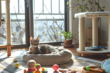 A fluffy kitten rests indoors, its striped fur and curious eyes adding to its adorable charm