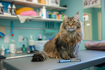 At a professional pet grooming salon, a cute tabby cat sits calmly while receiving thorough care