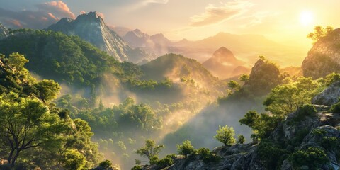 A stunning mountain landscape at sunrise with fog-covered hills, lush forests, and a vibrant sky