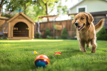 A playful beagle doggy enjoys outdoor fun in the grassy yard, chasing a ball