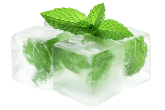 Mint leaves in ice cubes isolated on transparent background.