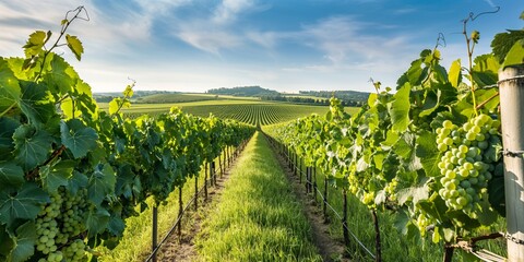 A scenic vineyard in a rural valley, with rows of grapevines under a vibrant sky