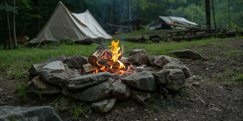 A crackling campfire in the woods, casting a warm glow under a starlit evening sky