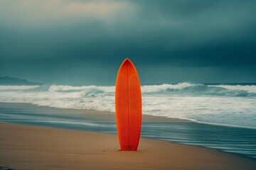 Lonely surfboard on sandy beach by picturesque ocean waves under a perfect weather
