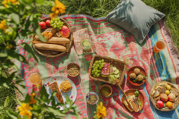 Idyllic summer picnic in a green garden with fresh food, drinks and a sunny atmosphere