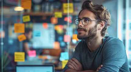 Fototapeta premium An energetic man with a go-getter attitude, brainstorming ideas in his lively tech startup office. Generative AI.