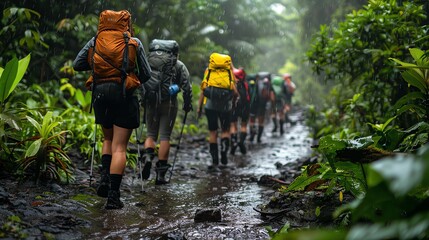 Group of hikers walking through a tropical rainforest stream.