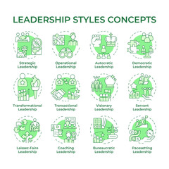 Leadership styles green concept icons. Professional development, military command. Army service. Icon pack. Vector images. Round shape illustrations for infographic, presentation. Abstract idea