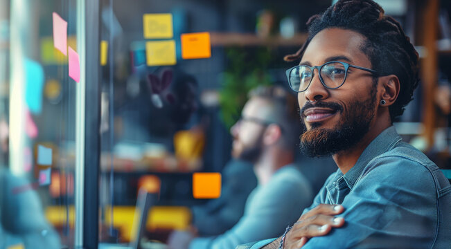 An energetic man with a go-getter attitude, brainstorming ideas in his lively tech startup office. Generative AI.
